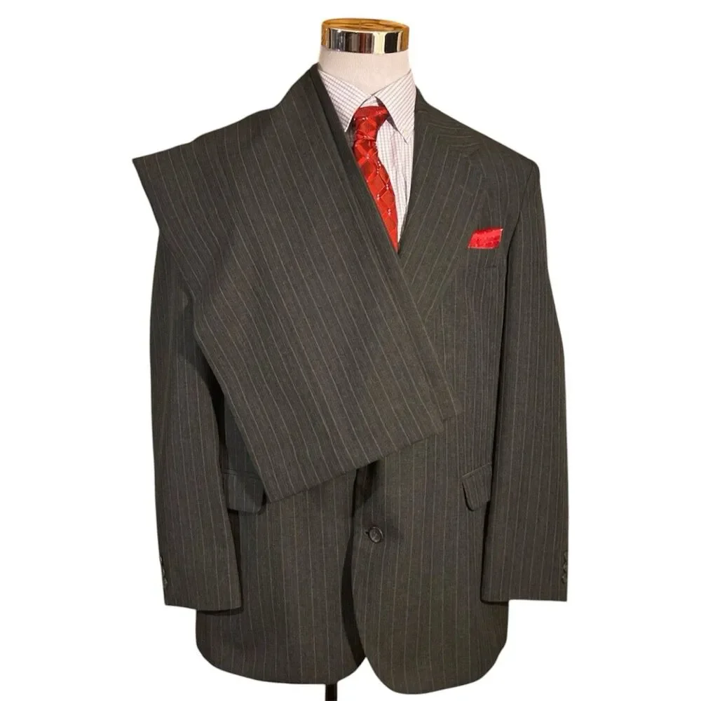 Luxury Wool Blend 2PC Suit Men’s Size 44 Gray Strip Business Wedding Formal
